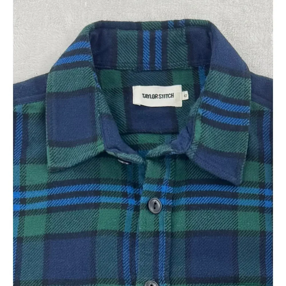 Taylor Stitch Crater Shirt Blue Green Flannel Heavyweight Plaid Button Down 42 L